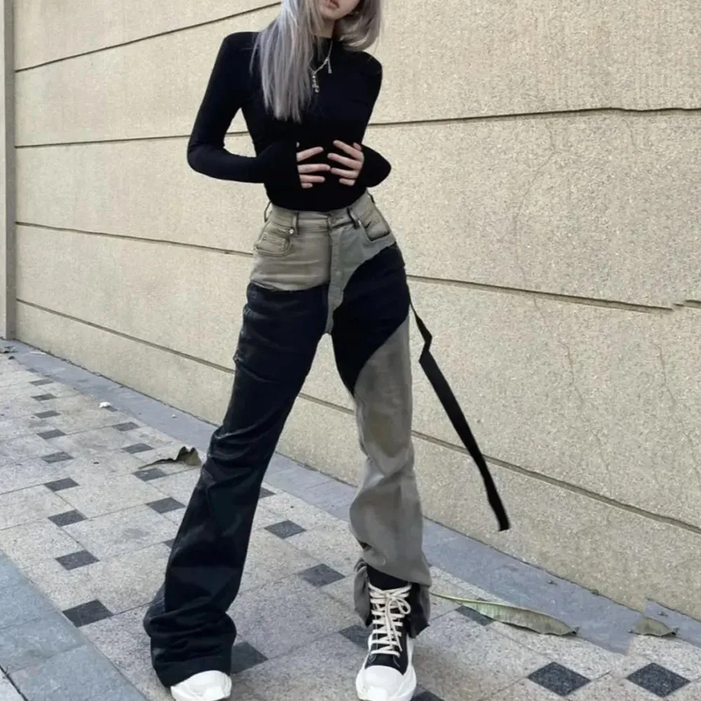 

Vintage Patchwork Gradient Stacked Pants Unisex Straight Streetwear Baggy Y2K Flare Jeans Oversized Loose Cargos Denim Trousers