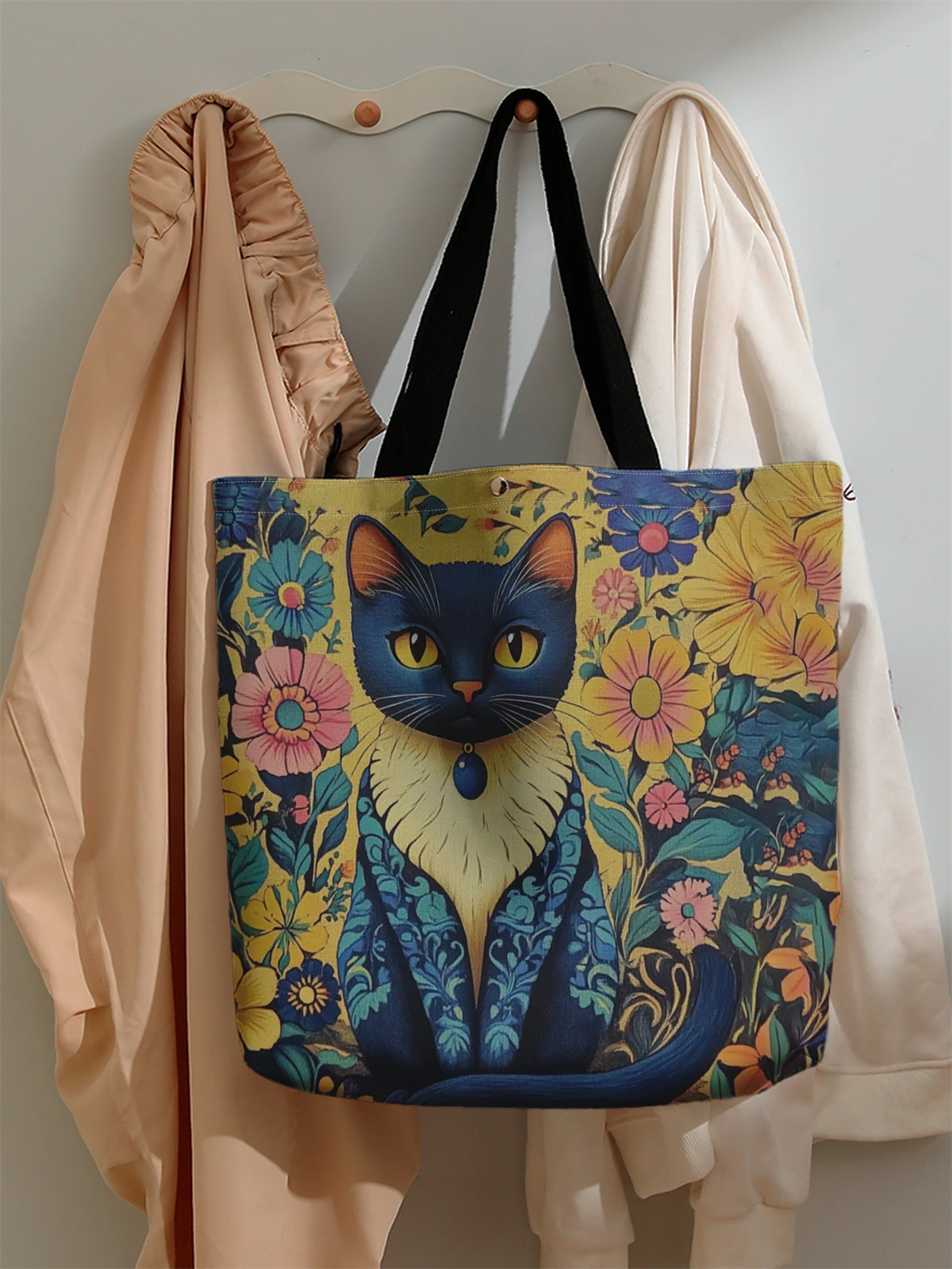 1pc， Cute cartoon cat pattern handbag, reusable fashionable handbag, multifunctional handbag, printed canvas shopping bag