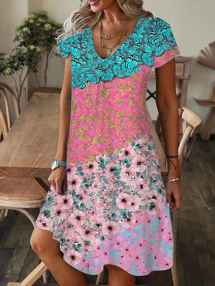 

2024 Printing Patchwork Fashion Holiday Dress, Women Summer V-Neck Loungewear Party Dress, New Short Sleeve Elegant Ladies Dress