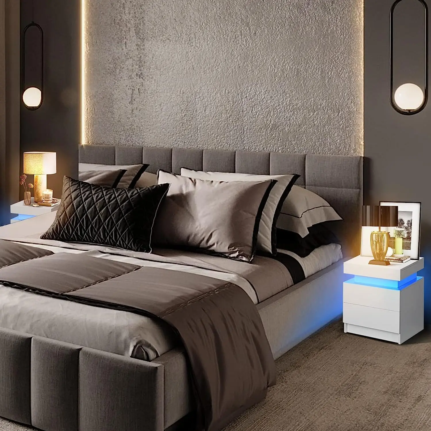 Set of 2 LED Nightstands Modern White Nightstand with Led Lights Wood Matte Led Bedside Table Night Stand with 2 High Glo