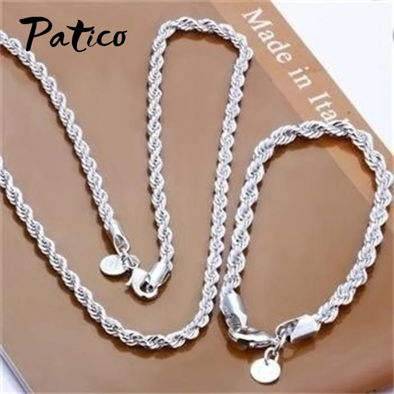 

925 Silver Needle Trendy Twisted Rope Chain Necklace Bracelet Set For Women Men Friendship Gift Fashion Jewelry Wholesale