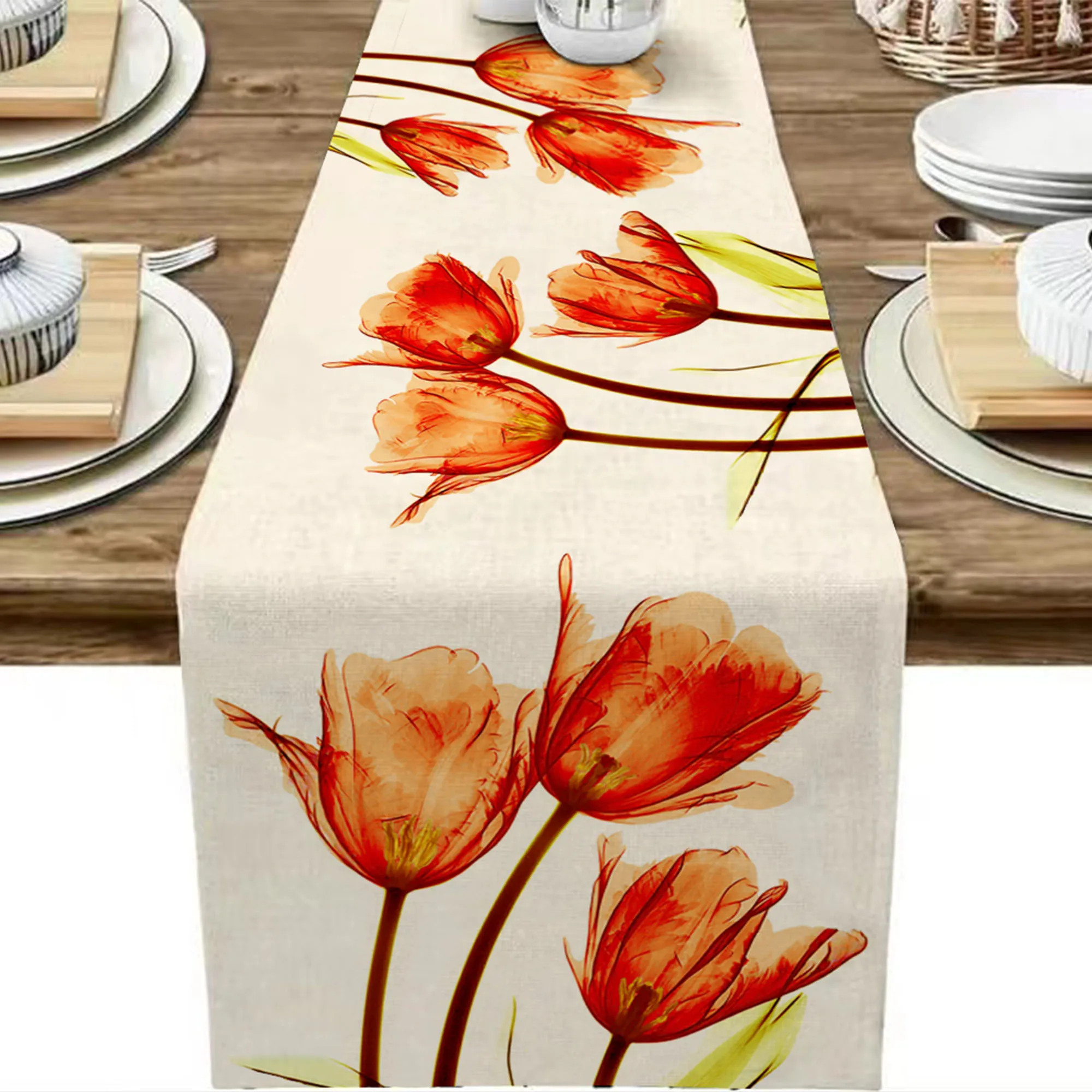 1pc Blue&Orange Tulip Linen Table Rustic Farmhouse Style Table Runner 13 x 72Inch, Kitchen Dining Table Decoration