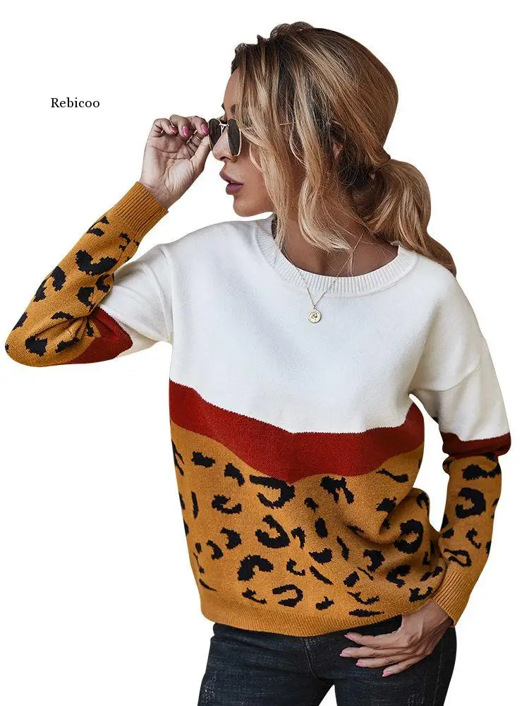 

Ladies Leopard Patchwork Autumn Winter Sweater Women Tops Full Sleeve Knitted Jumper Pullovers Sweaters Female Pull Knitwear