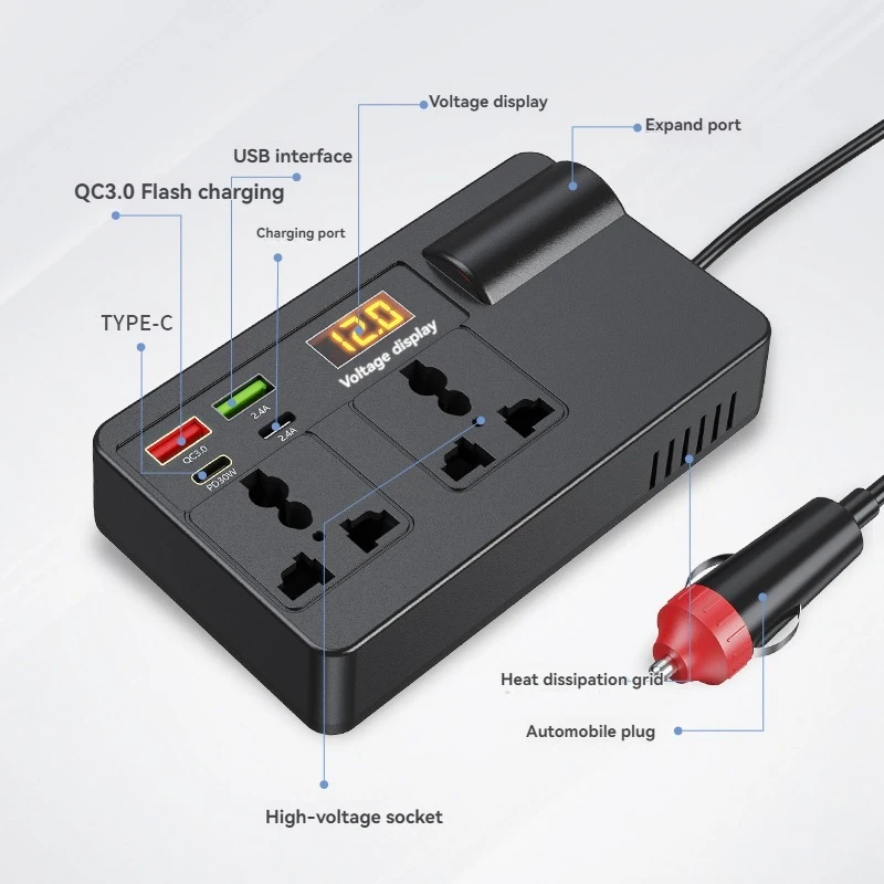 Car Inverter Power Adapter 200W DC 12V/24V to AC 220V Converter QC 3.0 USB/PD/Type-C Chargers Voltage Detection ON/OFF Switch