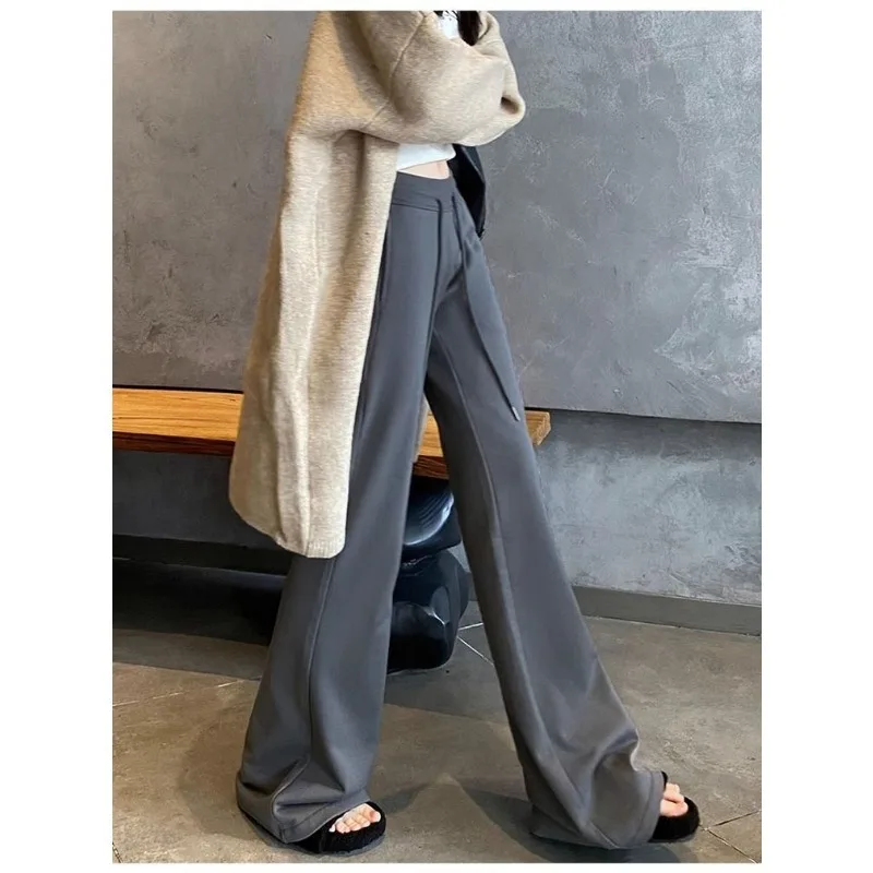 QWEEK Black Vintage Fleece Flared Women's Pants Winter Gray Harajuku Korean Fashion High Waist Leggings Trousers Sport Jogging