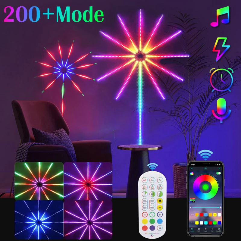 

2 size Firework Night Lamp DIY Music Sound Sync Bluetooth APP LED Strip Multi Mode Flashing Ambient Light For Home Bedroom Decor