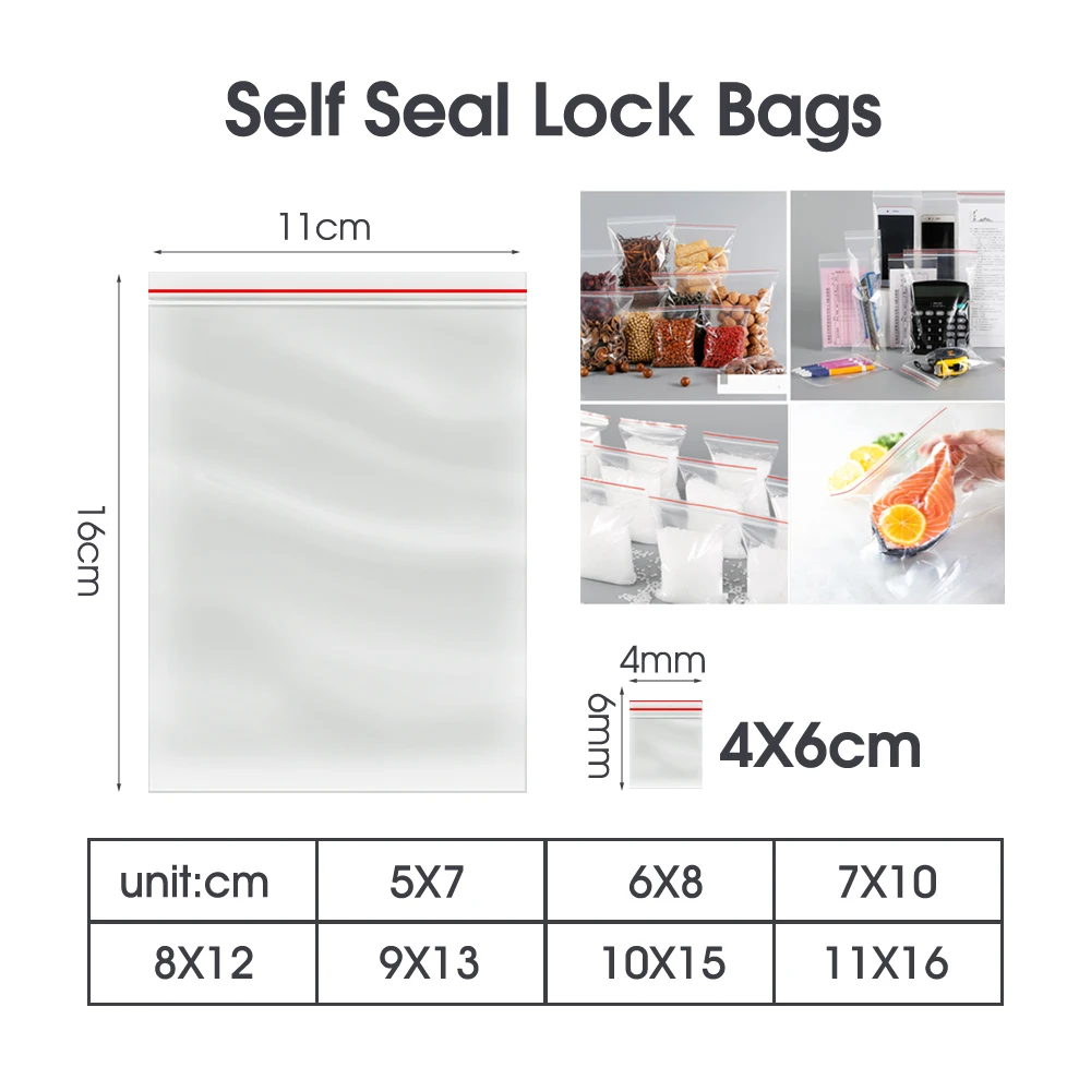 100PCS Plastic Zip Lock Bag Resealable Self Seal Pouch Storage Organizer Bag for Pack Products Jewelry Food Vacuum Fresh Pocket 6