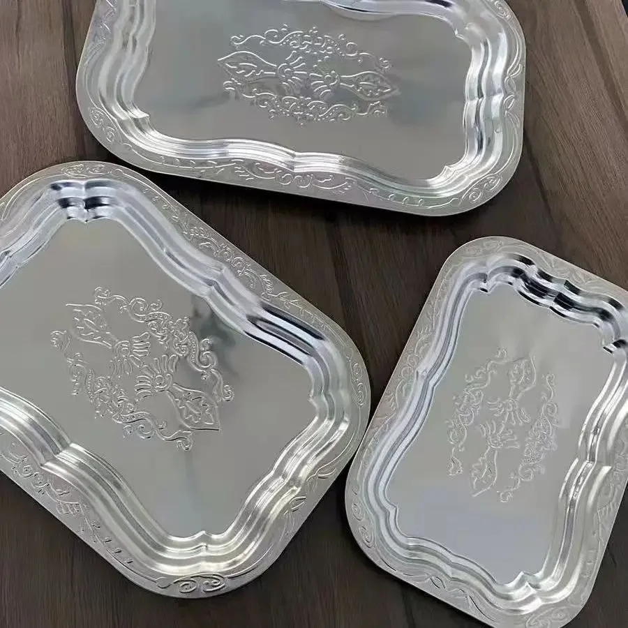 Stainless Steel Rectangular Tray with Embossed Design for Kitchen Living Room Storage Durable Fruit Snack Cake Serving Dish 1PCS