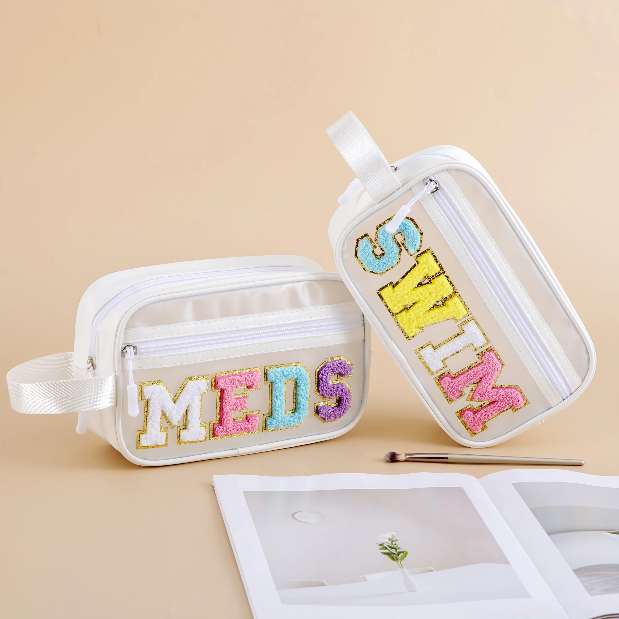 

Women Chenille Letter Patch Clear PVC MEDS Bag SWIM Makeup Bag with Strap Handle Cosmetic Zipper Pouch Beach Travel Organizer