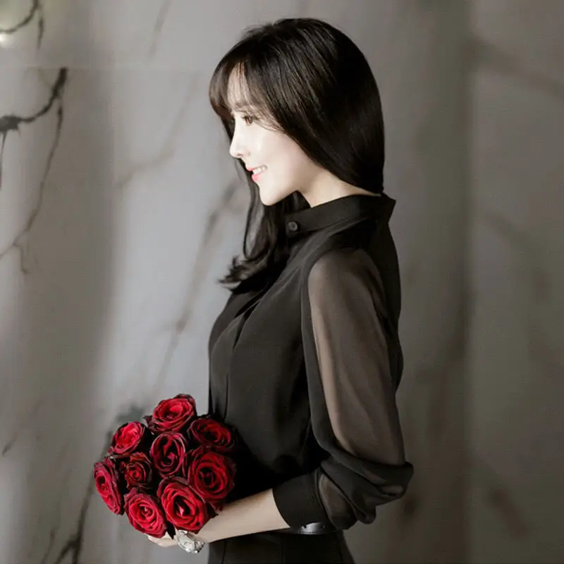 여성 블랙 빈티지 쉬폰 블라우스 봄 여름 거즈 긴 소매 스탠드 칼라 야생 패션 우아한 여성 풀오버 셔츠