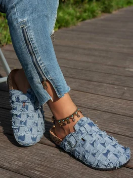 Women's Spring and Autumn Casual Simple Color-Blocked Plaid Denim Upper Flat Heel Buckle Cork Grain Toe Slippers Indoor and Outdoor Wearable Beach Slippers 1