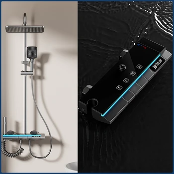 Sistema doccia con uscita acqua a quattro vie montata a parete con luce ambientale Set di rubinetti per doccia a pioggia con display digitale intelligente per bagno 1
