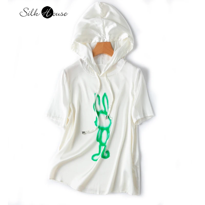 

2023 Women's Early Autumn New Cartoon Silk Smooth Skincare Casual Style! Silk Stretch Plain Crepe Satin Hoodie T-shirt