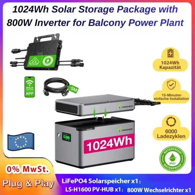 Kit de système de stockage solaire pour balcon 1024Wh avec micro-onduleur 800W, concentrateur PV MPPT 1600W, système de stockage de batterie Plug & Play Balkonkraftwerk 1