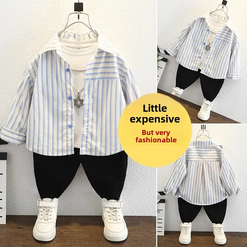 Spring Autumn Boys Shirt Long Sleeve Striped Fashionable Children's Clothing Trendy Streetwear Kids' Tops Chinese Brand AE