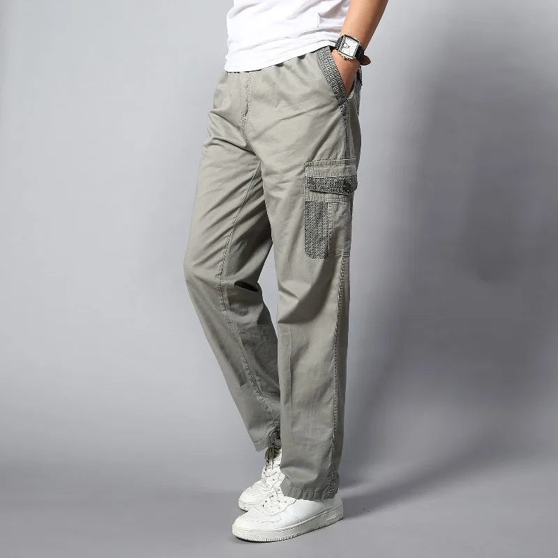 Spring Autumn Men's High Waisted Solid Pockets Zipper Elastic Splicing Embroidery Casual Sportswear Straight Leg Trousers Pants