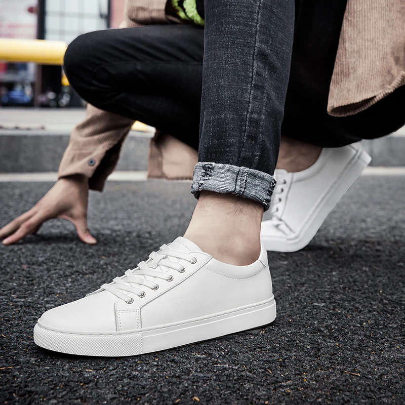 Handmade Black Leather Casual Sneakers - Mens Autumn Flats