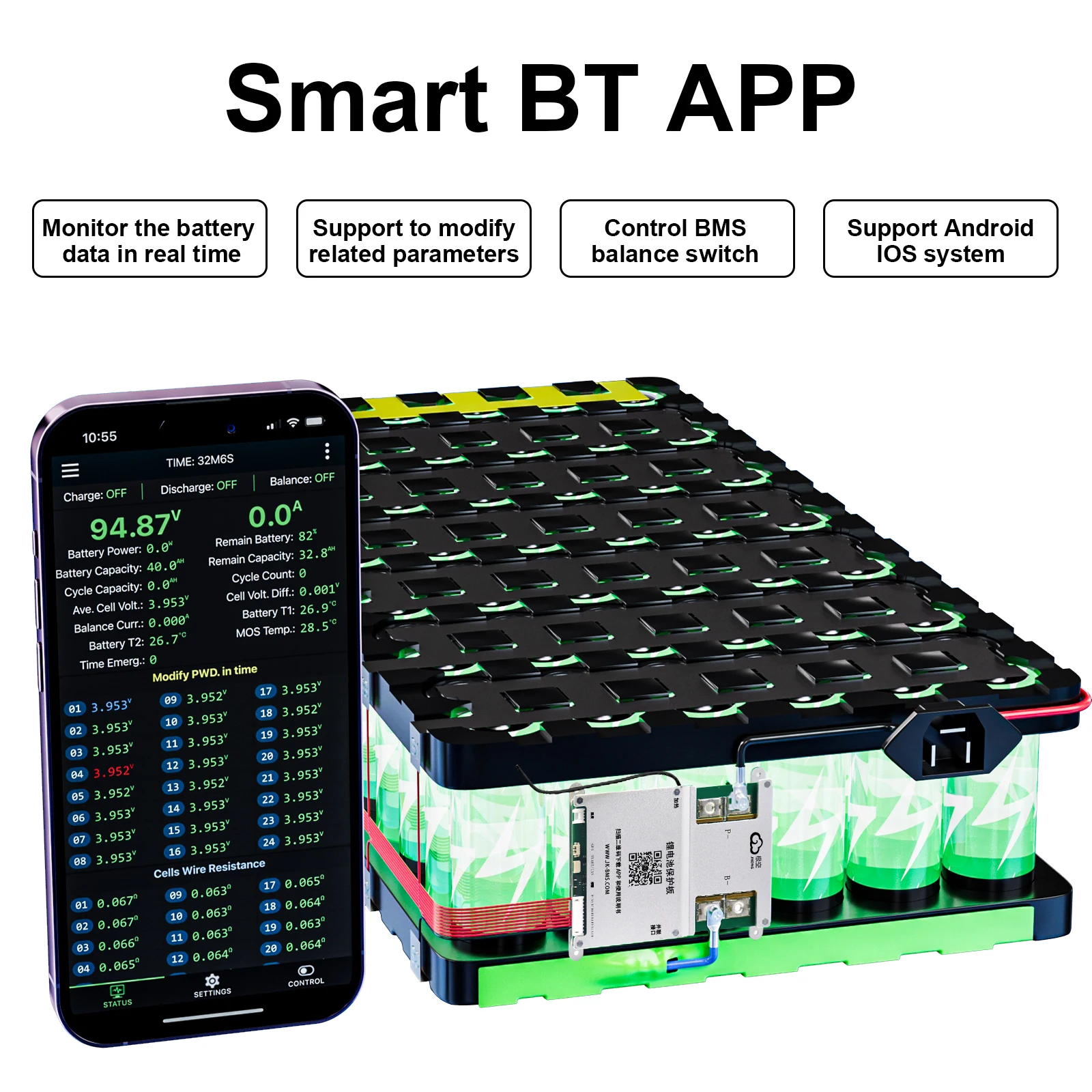 JKBMS V19 Smart BMS 4S-24S BT RS485 Wärme CAN Parallel 2A 12V-36V 100A 200A 300A Aktiver Balancer für Li-Ion Lifepo4 Lto Batterie – Detail 4
