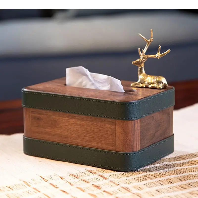 

Golden Deer Decorative Leather Tissue Box Coffee Table Desk Decoration Walnut Wood Tissue Box Napkin Box Paper Towel Case
