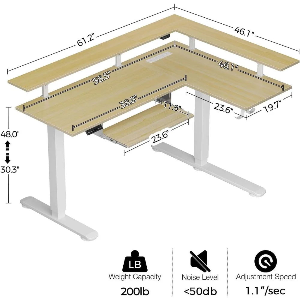 L Shaped Standing Desk with LED Light and Power Outlet, Dual Motor Height Adjustable Electric Standing Desk with Monitor Stand 3