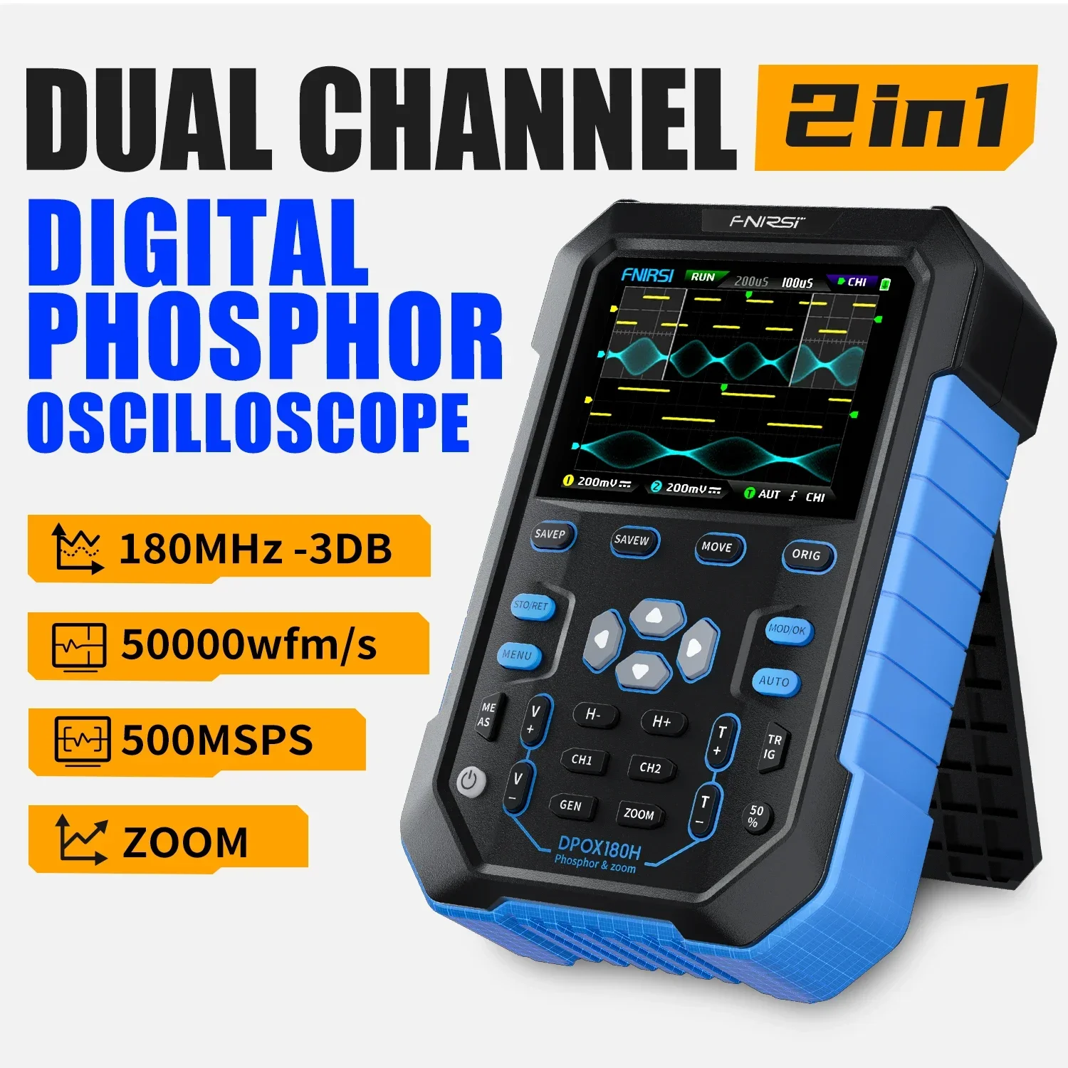 DPOX180H 180MHz 3DB Handheld Digital Oscilloscope Dual Channel 2 In 1 Signal Generator ZOOM Fluorescence Display