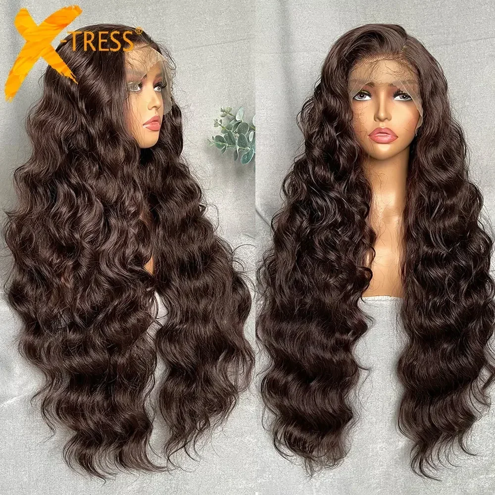 Light Brown Synthetic Lace Wigs X-TRESS Super Long Loose Wave 13x4 Lace Frontal Hair Wig with Baby Hair Daily Fashion New Style