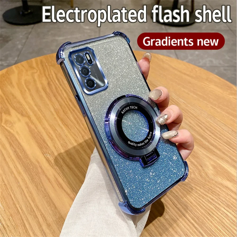 Glitter Shockproof Plating Phone Case with Bracket and Soft Stand Cover