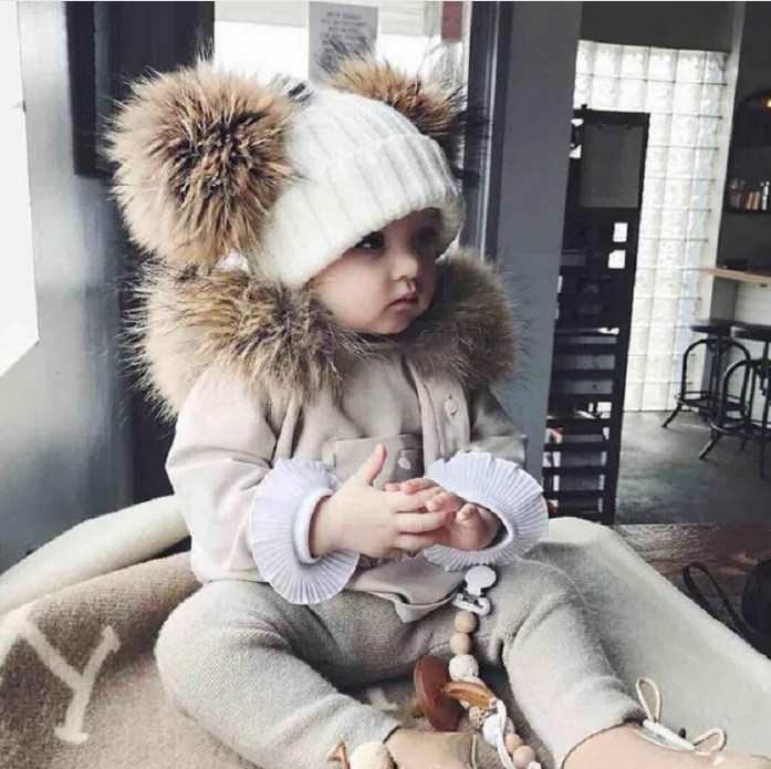 Kids Winter Beanies Winterproof Kids Knit Hat with Faux Fur Pompom Cold Weather Hat for Boys and Girls 