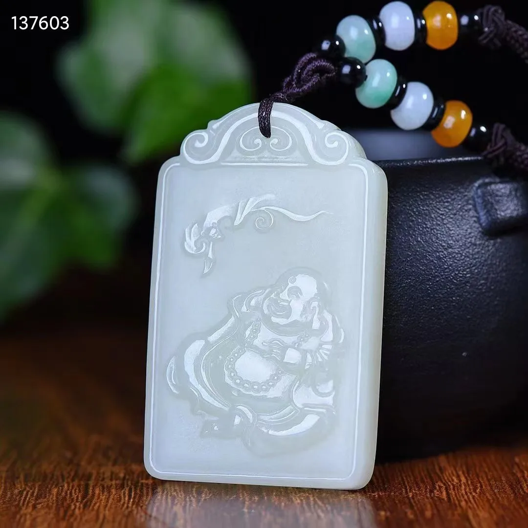 

Natural 100% real green white hetian jade carve Auspicious Smiling Buddha Bless peace pendant jewellery for men women gifts luck