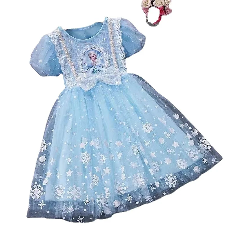 

2023 New Summer Girls Dress Frozen Splicing Mesh Party Princess Dresses For 3-8Years Girls Birthday Clothes