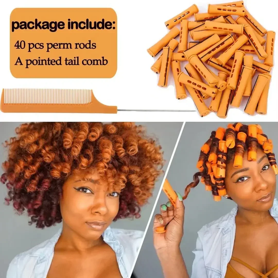 40pcs Cold Wave Perm Rods Set For Women's Long & Short Natural Hair-Plastic Orange Rollers For Curling And DIY Hairdressing