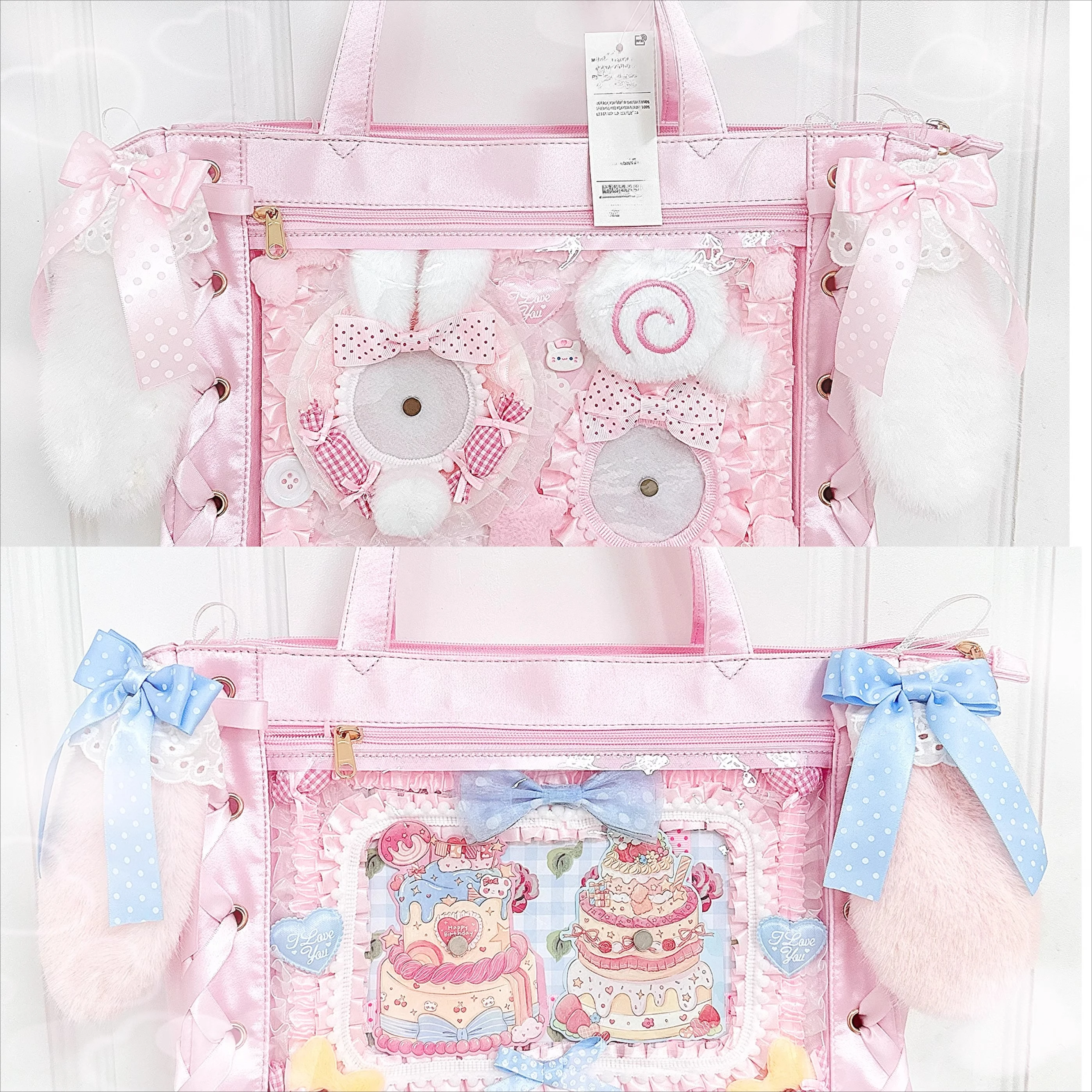 Italife Fluffy fur Ears with Bow for Itabag Decoration Women Kawaii Pink Blue 15cm Ear Hanger Buckles Ita bag Accessories H353
