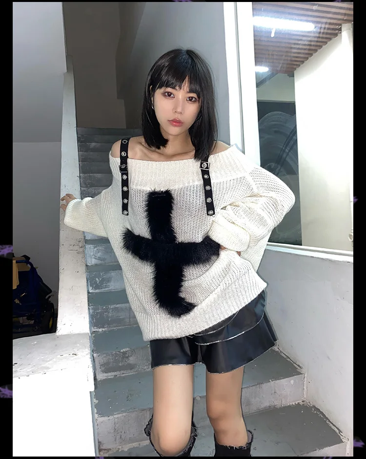 

Autumn Harajuku Women Slash Neck Off Shoulder Sweater Cross Patch Knit Pullover Subculture Gothic Punk Girls White Thin Sweaters