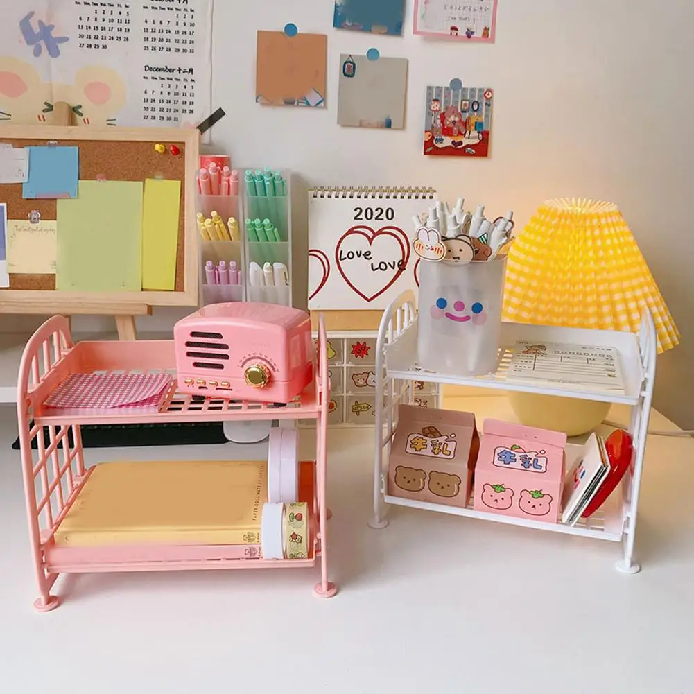 1PC PP Desktop Double Layer Storage Rack Rectangular White Organizing Student Desk Office Cosmetics Stationery storage racks