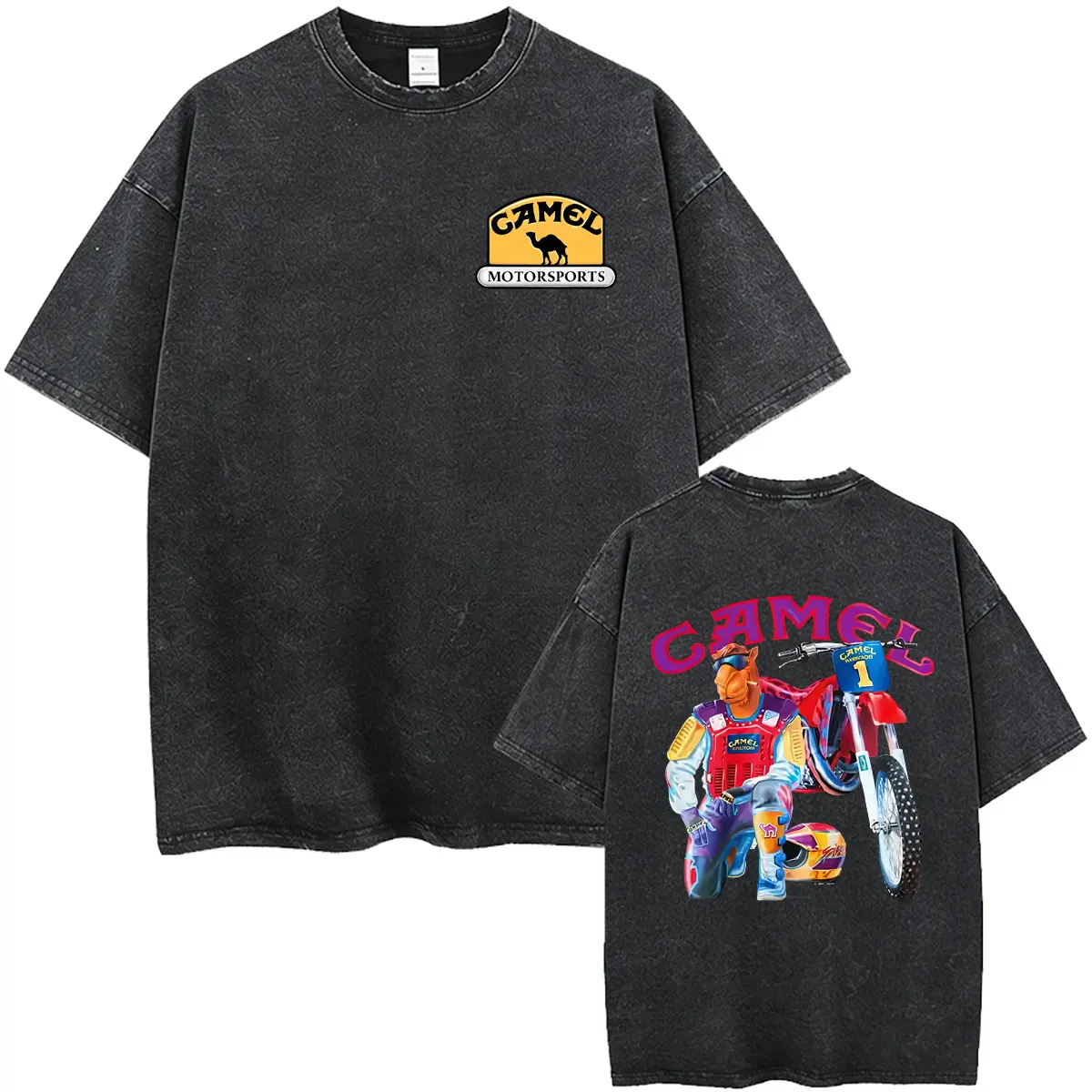 Camel Motorcycle Washed T-Shirt Herren Damen Kleidung Mode Hip Hop Oversized Rundhals-T-Shirts Unisex Casual Vintage Streetwear