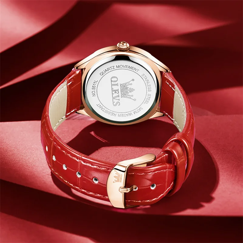 OLEVS Rose Gold Diamond Women Watches Ultra-thin Luxury Fashion Ladies Quartz Watch Roman Dial Red Leather Reloj Mujer New