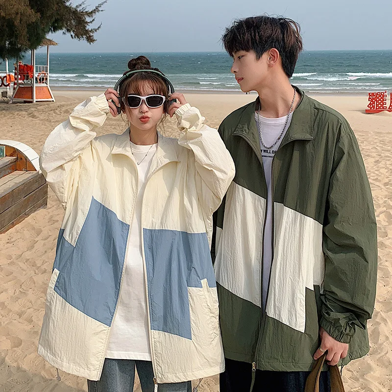 Summer thin sun protection suit, men's American retro contrasting color couple jacket, trendy brand loose casual sun protection