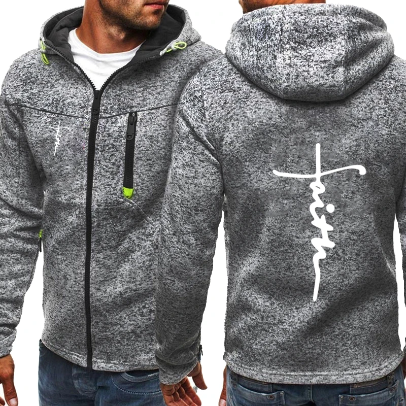 2023 Men's Autumn Fashion faiths Printed Hooded Jacket Winter Fleece Sweatshirts Knit Zipper Long Sleeved Pullover Hoodie