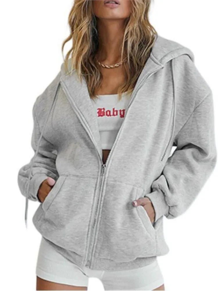 Fashion Gray Zip Up Sweatshirt Women Autumn Winter Jacket Clothes Hoodies Daily Pockets Long Sleeve Solid Versatile Lady Hoodies 2