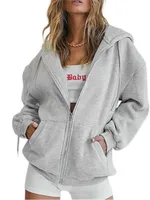 Fashion Gray Zip Up Sweatshirt Women Autumn Winter Jacket Clothes Hoodies Daily Pockets Long Sleeve Solid Versatile Lady Hoodies 2