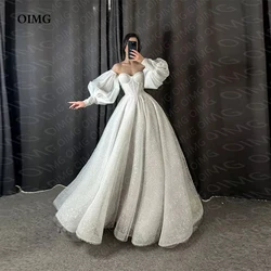 OIMG Vintage Full Sleeves Glitter Wedding Dresses Gowns Shiny Long A Line Formal Pricness Bride Bridal Gown Dress Vestidos