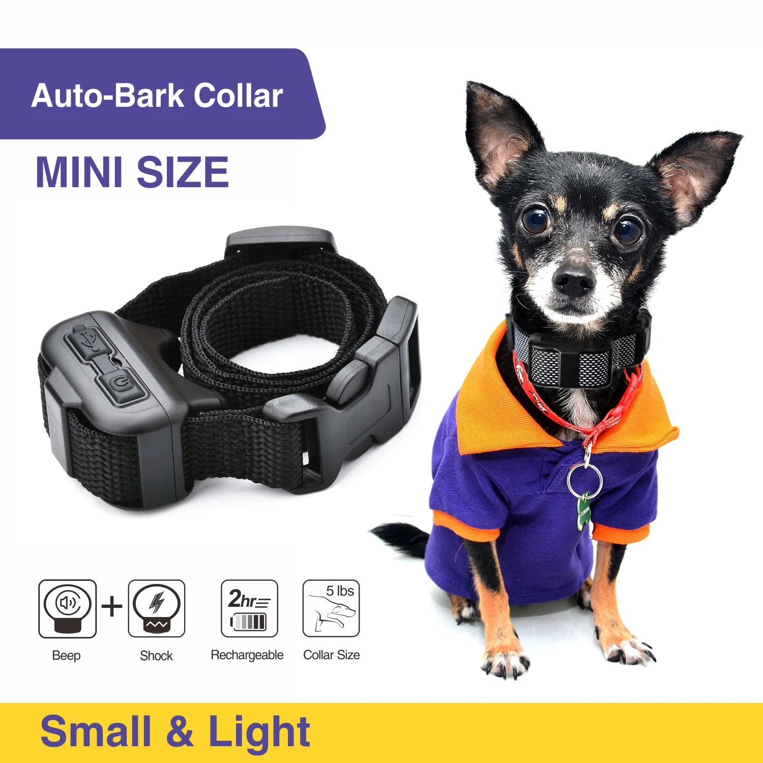 

Small Dog Auto Bark Collar Rechargeable Dog Training Electric Collar Anti No Bark Control For Puppy Dog with Shock Mode