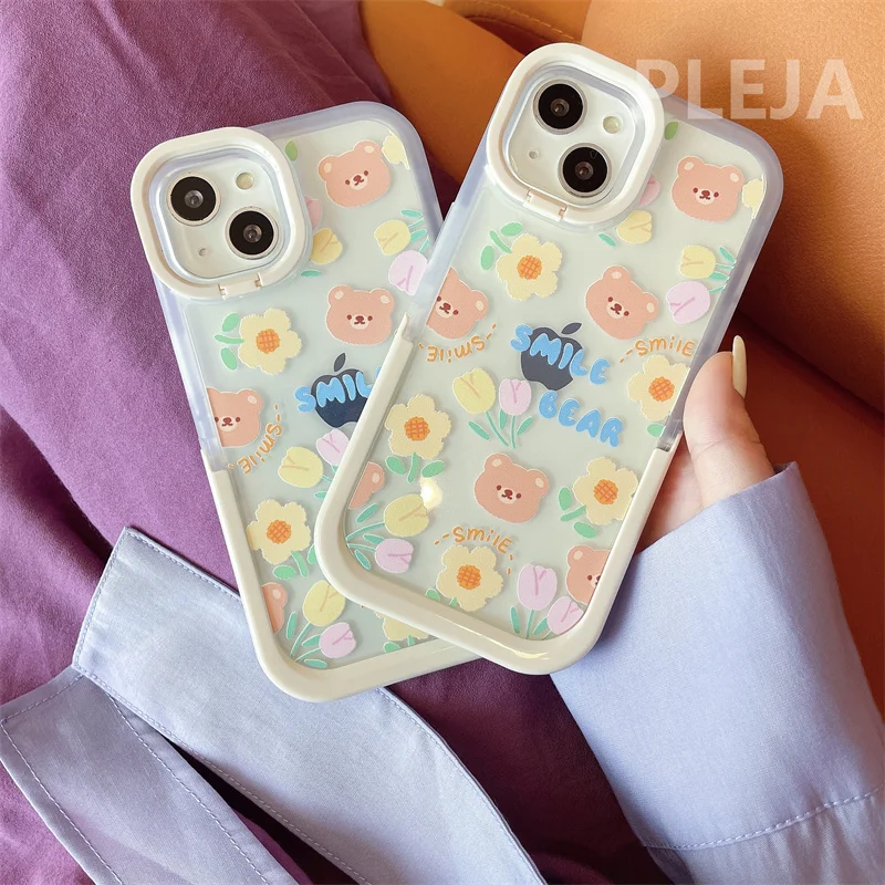 11 cases Cute Camera Lens Flip Holder Phone Case For iphone 13 12 11 Pro Max X XR XS Max Cover Cartoon Bear Flower Soft Protective Cases iphone 11 case with card holder