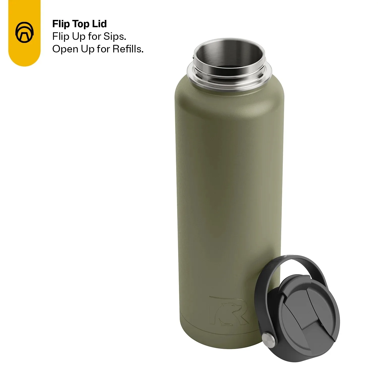 40 oz Stainless Steel Insulated Bottle, Wide Mouth Multi-Use Lid, Olive