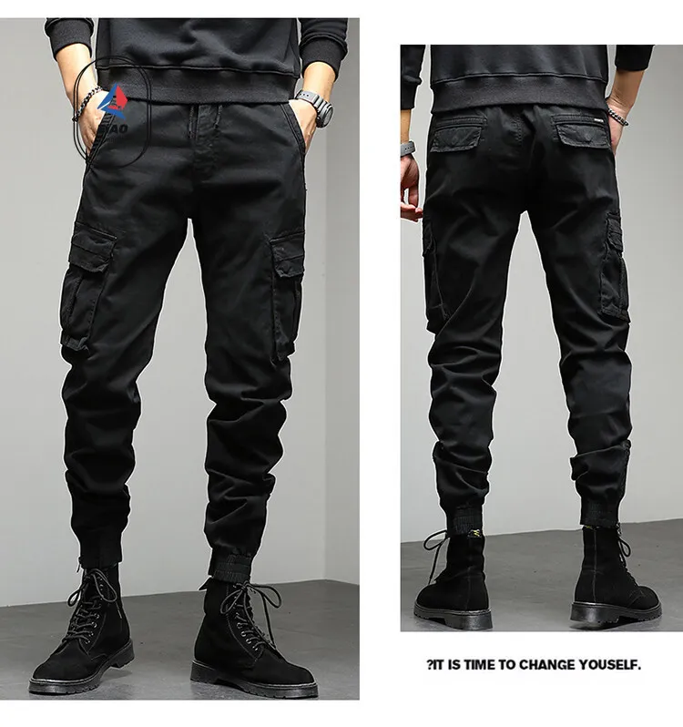 EiAO Summer men's outdoor workwear pants, pure cotton elastic multi pocket casual pants, trendy and versatile long pants