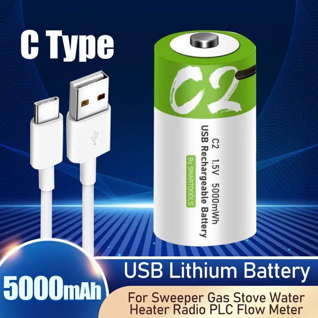 1.5V 5000mAh Size C USB Lithium Rechargeable Battery With Cable For Radio Water  Heater Replacement Ce Stove Toy keyboard Battery - AliExpress