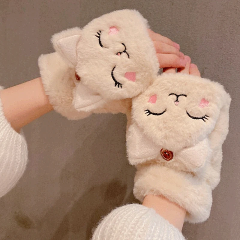 플러시 고양이 토끼 장갑 플러시 손가락없는 장갑, 겨울 사이클링 장갑, 부드럽고 따뜻한 두꺼운 장갑, 여자 반 손가락 장갑