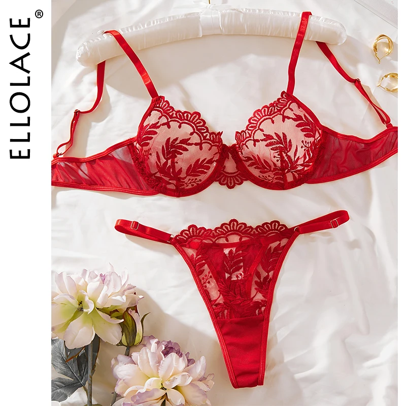 

Ellolace Erotic Lingerie With Lace Transparent Embroidered Sexy Costumes Uncensored Wedding Intimate Push Up Bra 2-Piece Set