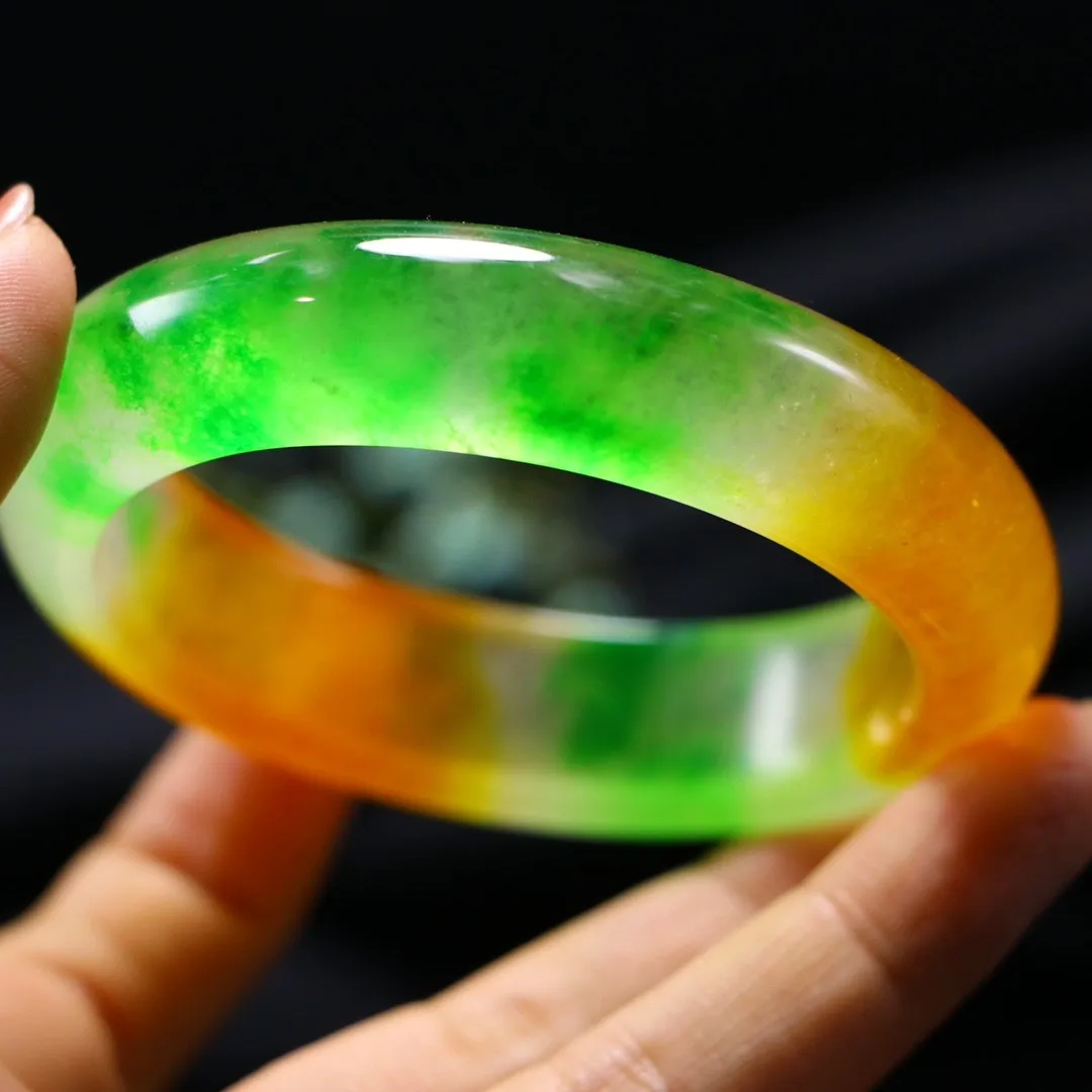 

Certified Jade Bangles Women Fine Jewelry High Ice Grade A Myanmar Jadeite Yellow Green Bicolor Burma Jades Bracelets Bangle