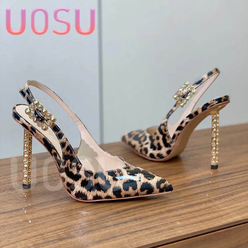 Designer Women Heels Luxury Crystal Leopard Pattern Patent Leather Side Hollow Fine Heel Ladies Shoes Ankle Strap Dress Shoes